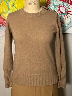Burberry 100% Cashmere Gold Crest Button Camel Crewneck Sweater
